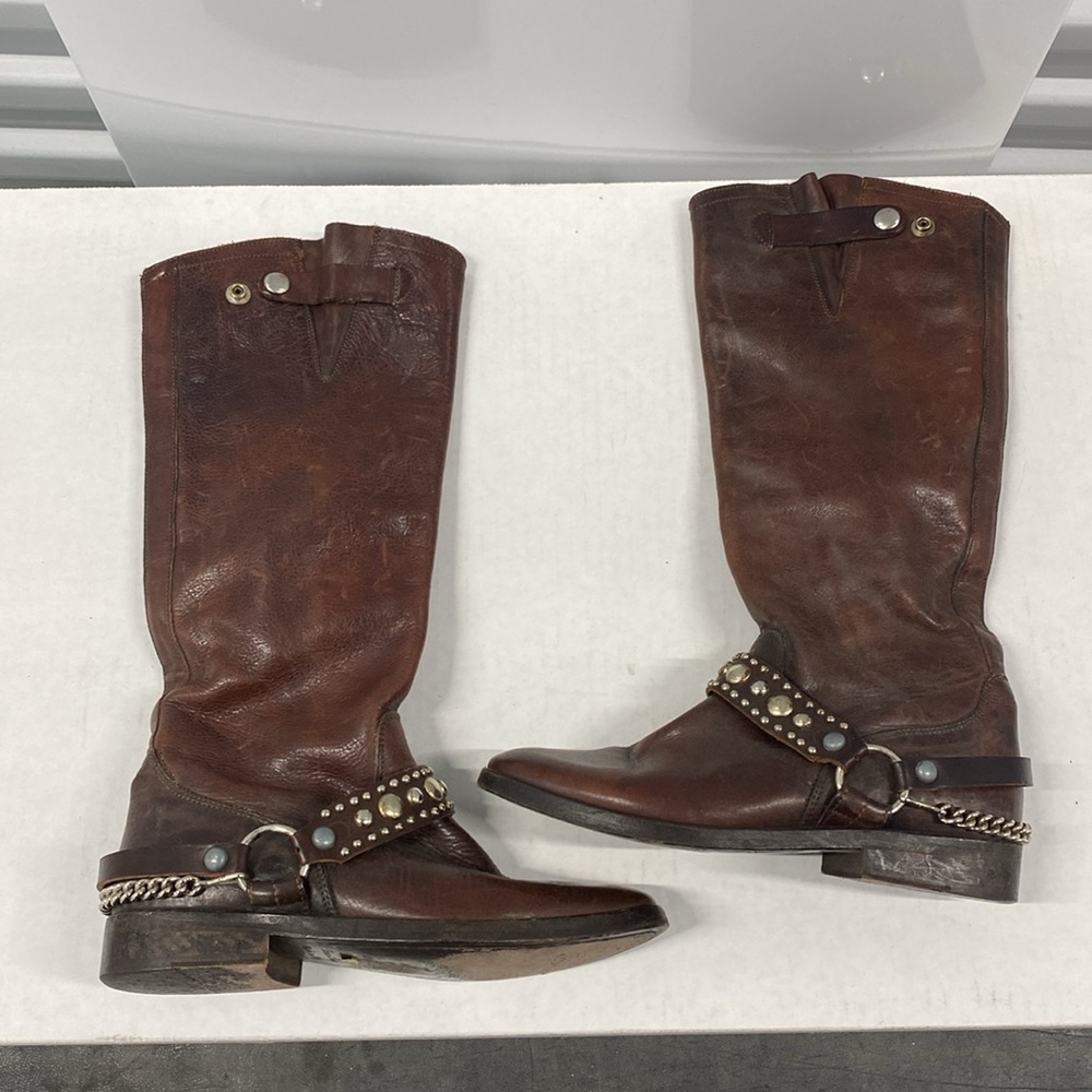 Golden Goose Brown Leather Side Zip knee high Boots chain studs harness size 36
